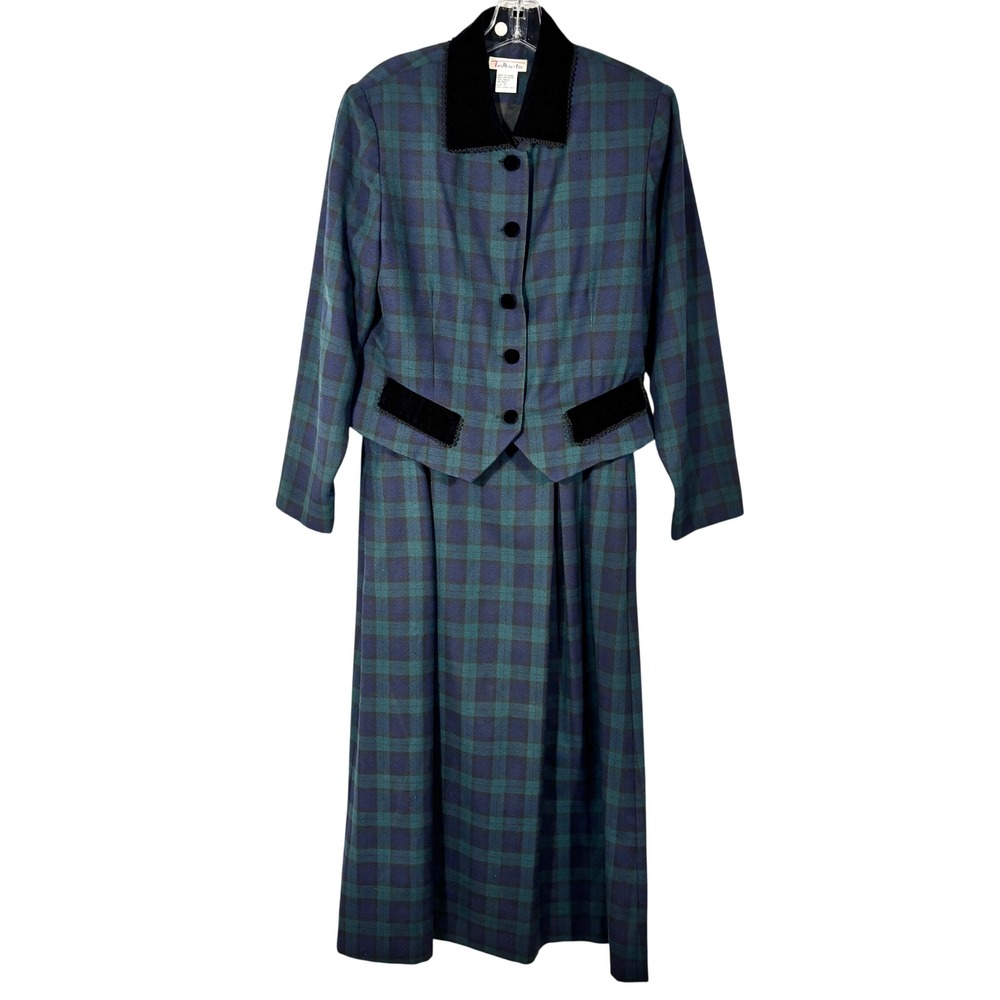 Talbots Vintage Blazer and Skirt Suit Set Tartan Plaid Velvet Pleats‎